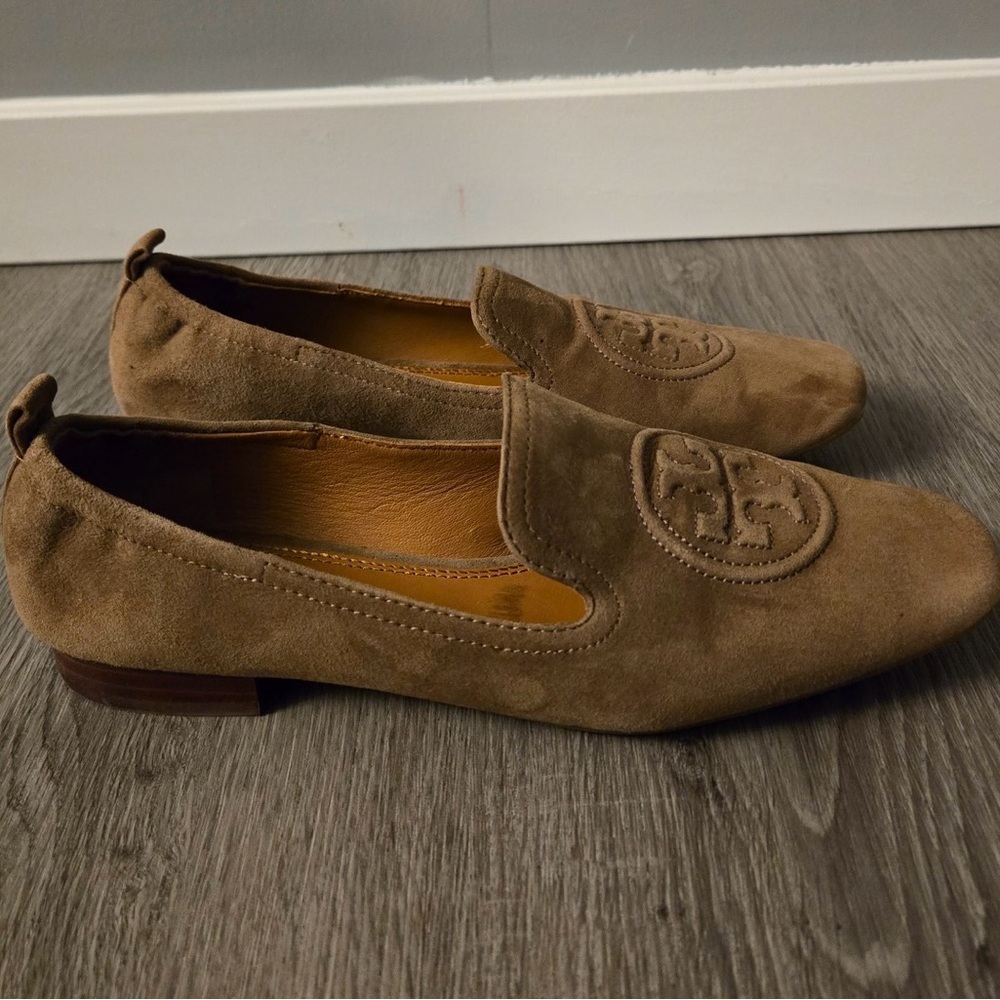 Tory Burch Taupe Suede Logo Slip-On Loafers